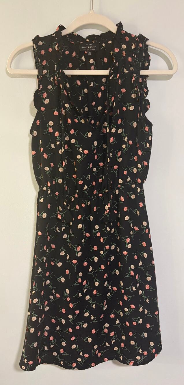Lucky Brand Black Floral Ruffle Dress Women's XS Ditsy Boho Sleeveless